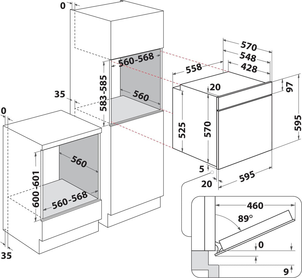 Disegno tecnico di elettrodomestici da incasso con dimensioni in mm.