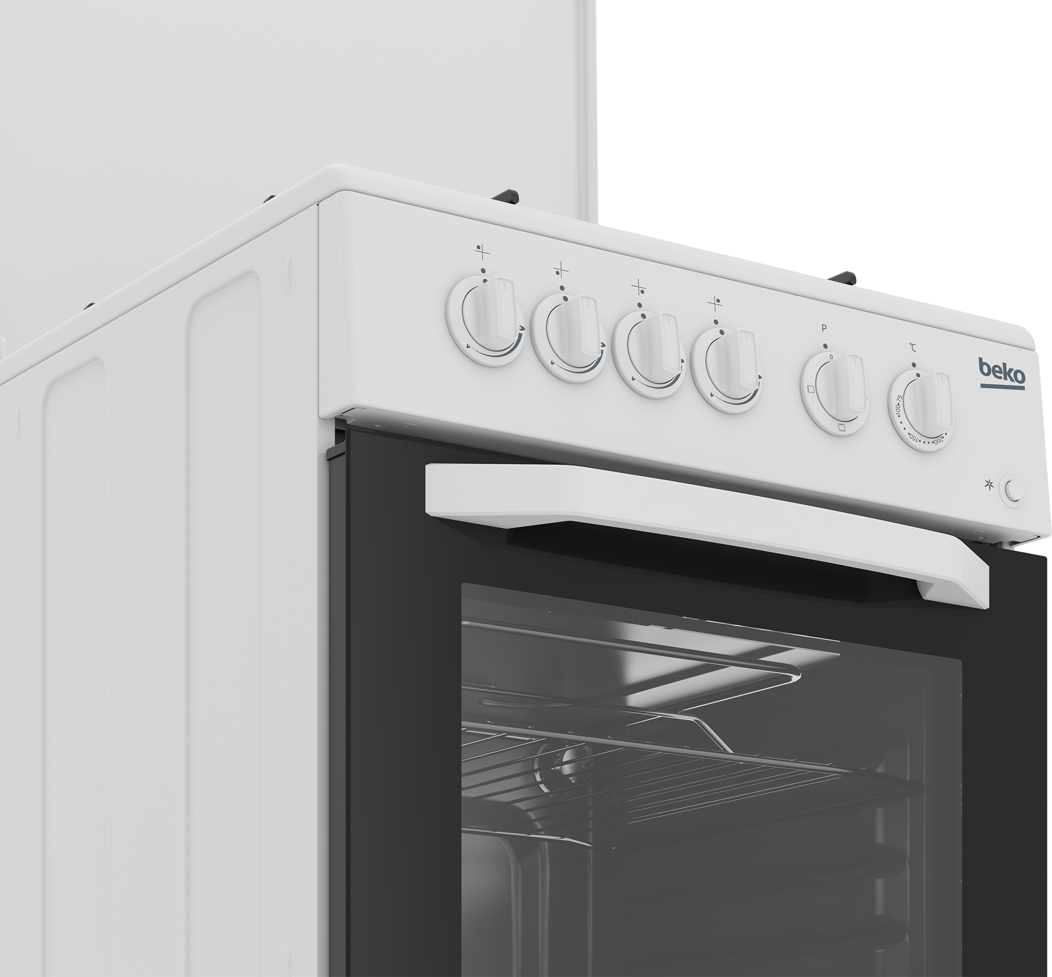 Un forno Beko bianco con porta in vetro e manopole.