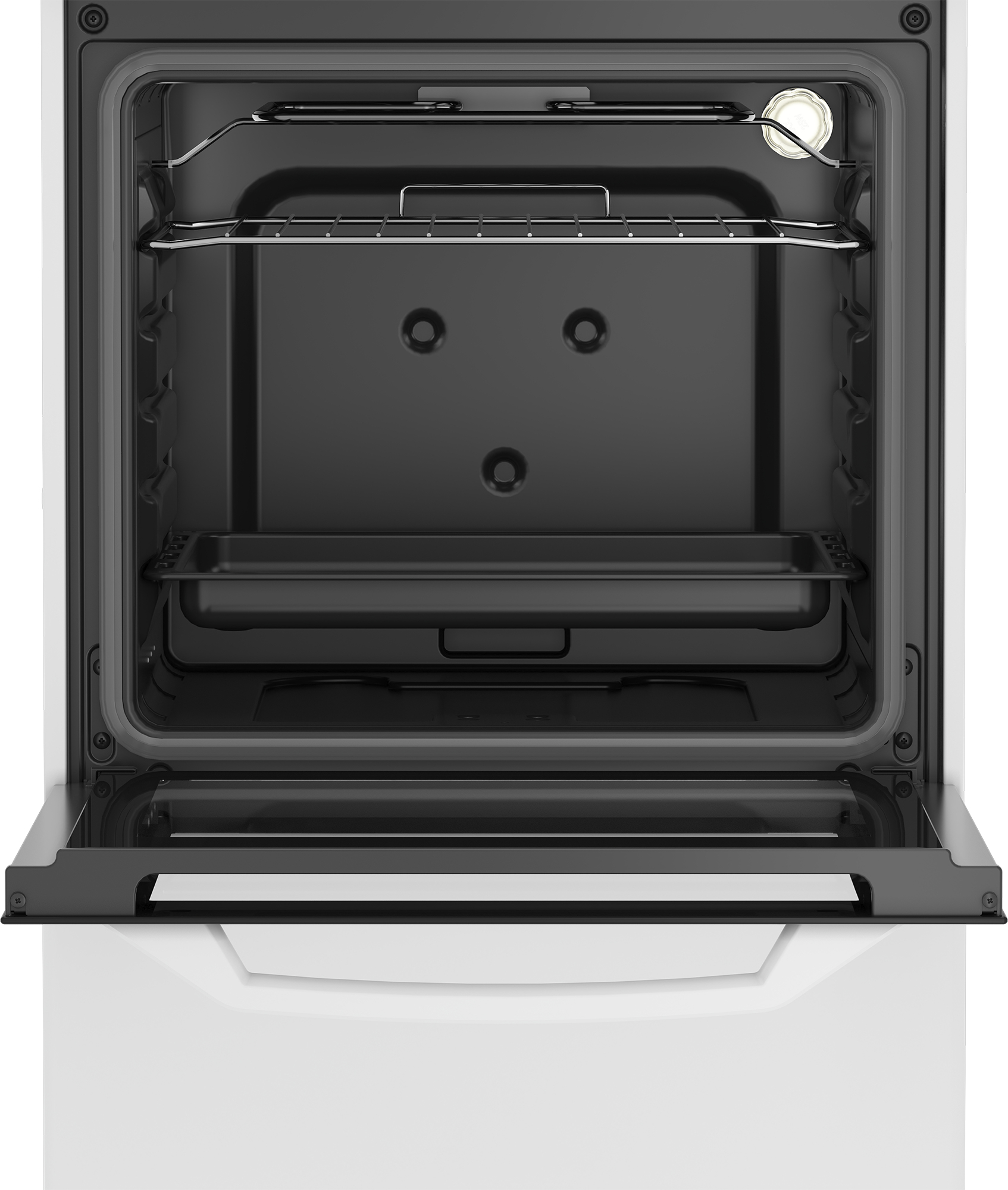 Un forno da incasso bianco aperto con interno nero, due griglie e una teglia.