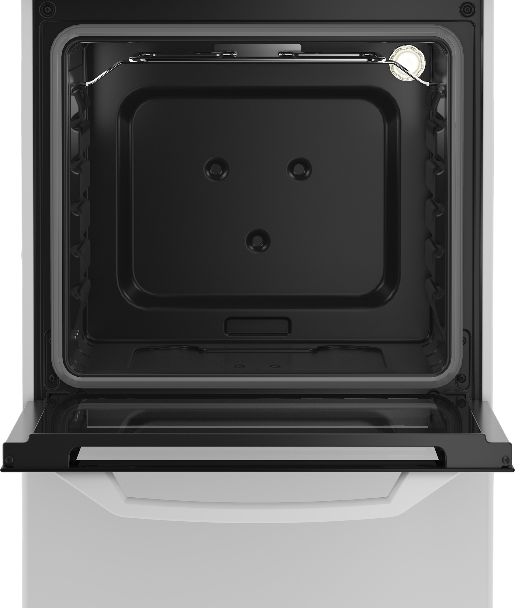 Un forno aperto e vuoto con esterno bianco e interno nero.