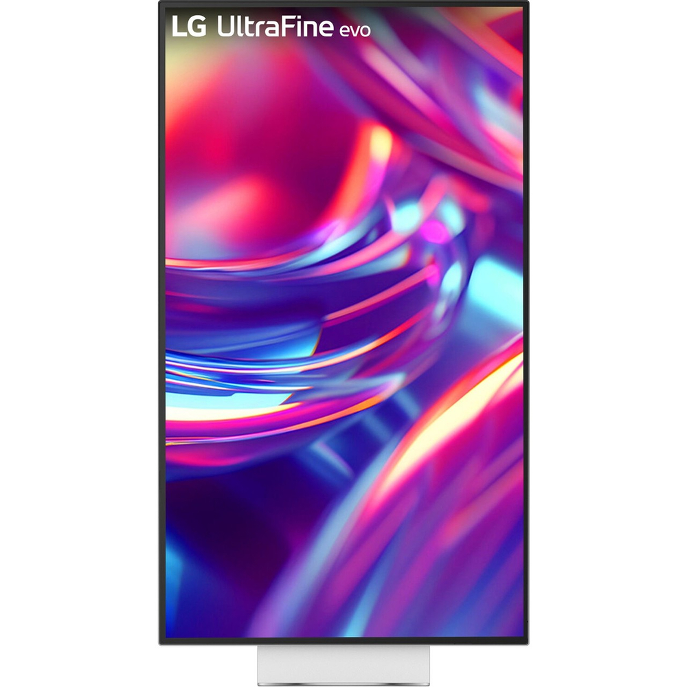 Renkli, soyut bir arka planı gösteren LG UltraFine evo monitör.