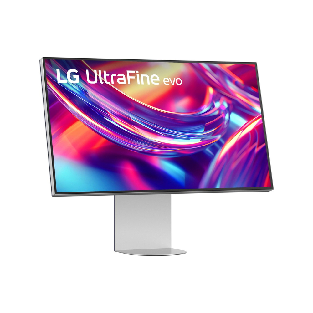 Renkli, soyut bir arka plan gösteren LG UltraFine Evo monitör.