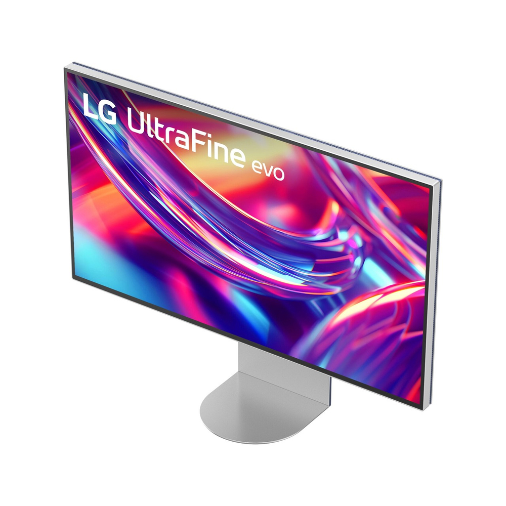 Renkli soyut bir arka plan gösteren LG UltraFine evo monitör.