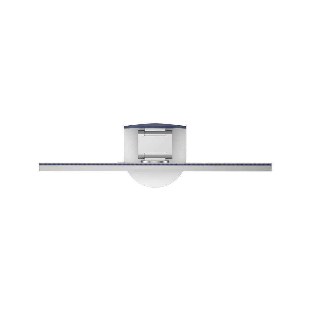 Modern, dönebilen, mavi vurgulu ve gümüş tabanlı bir monitör.