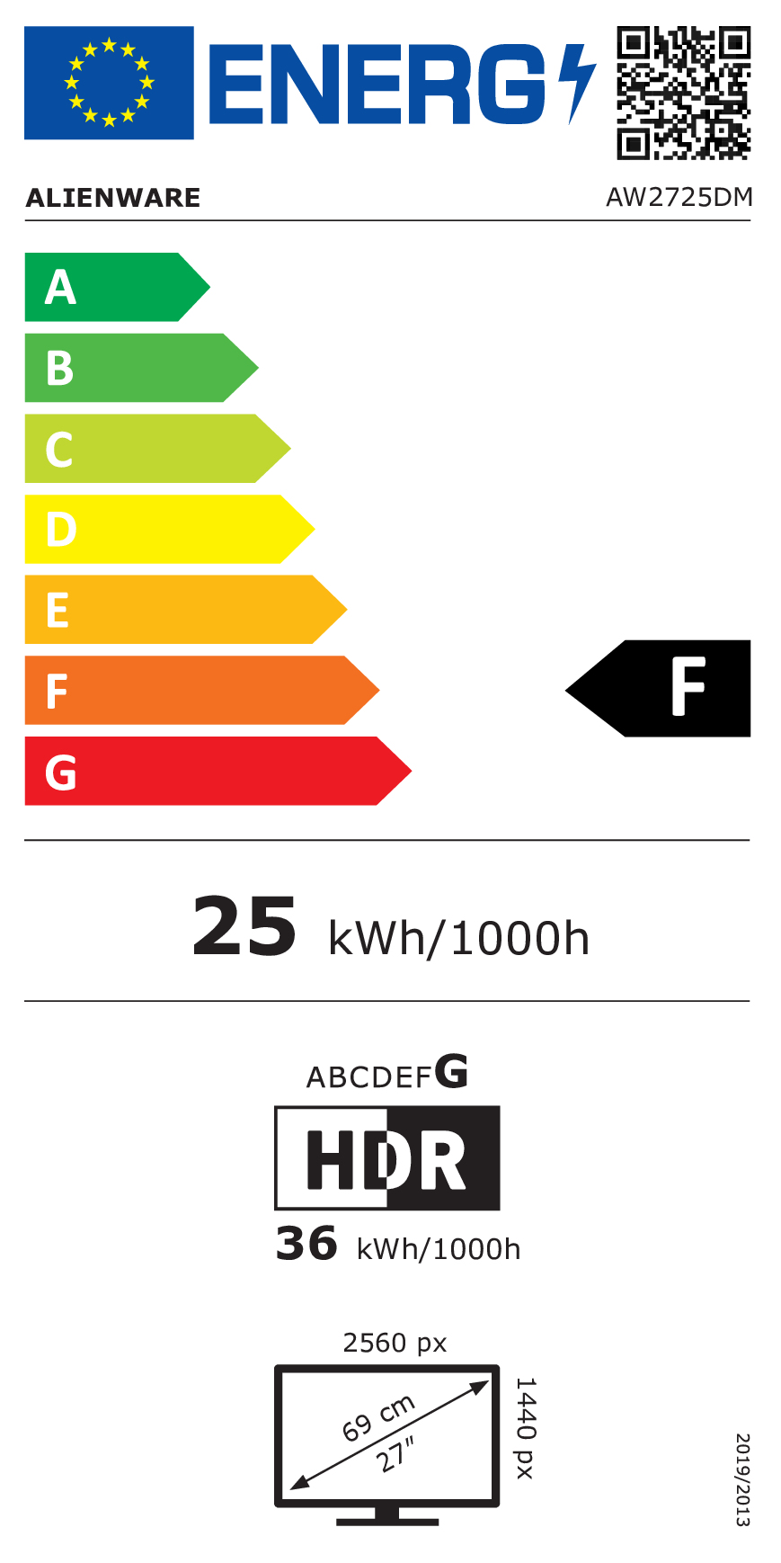 Etichetta energetica con logo Alienware, scala A-G, classe F, 25 kWh/1000h.