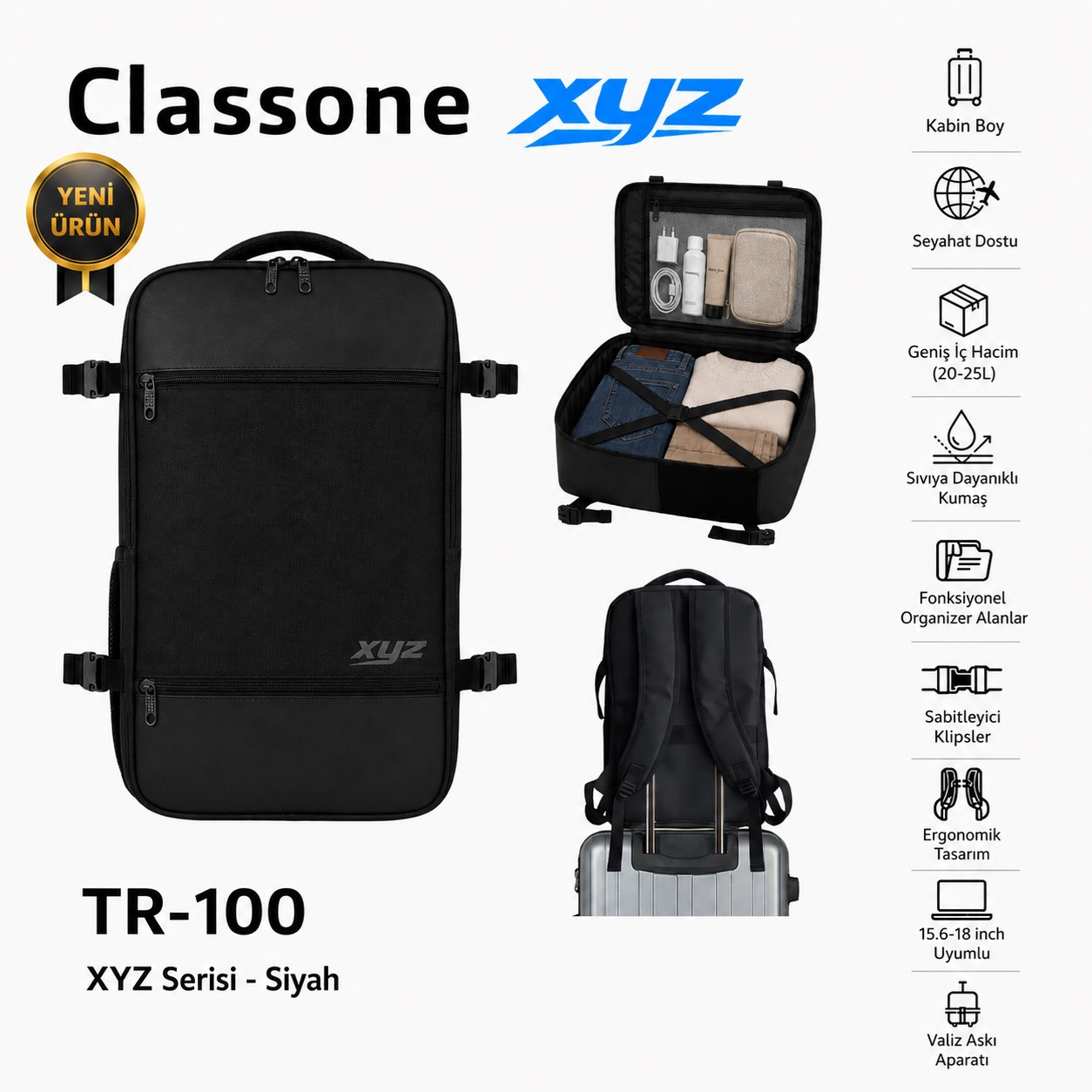 Siyah Classone XYZ sırt çantası, önden ve giysilerle açık gösterilmiş, başka bir çantanın yanında.