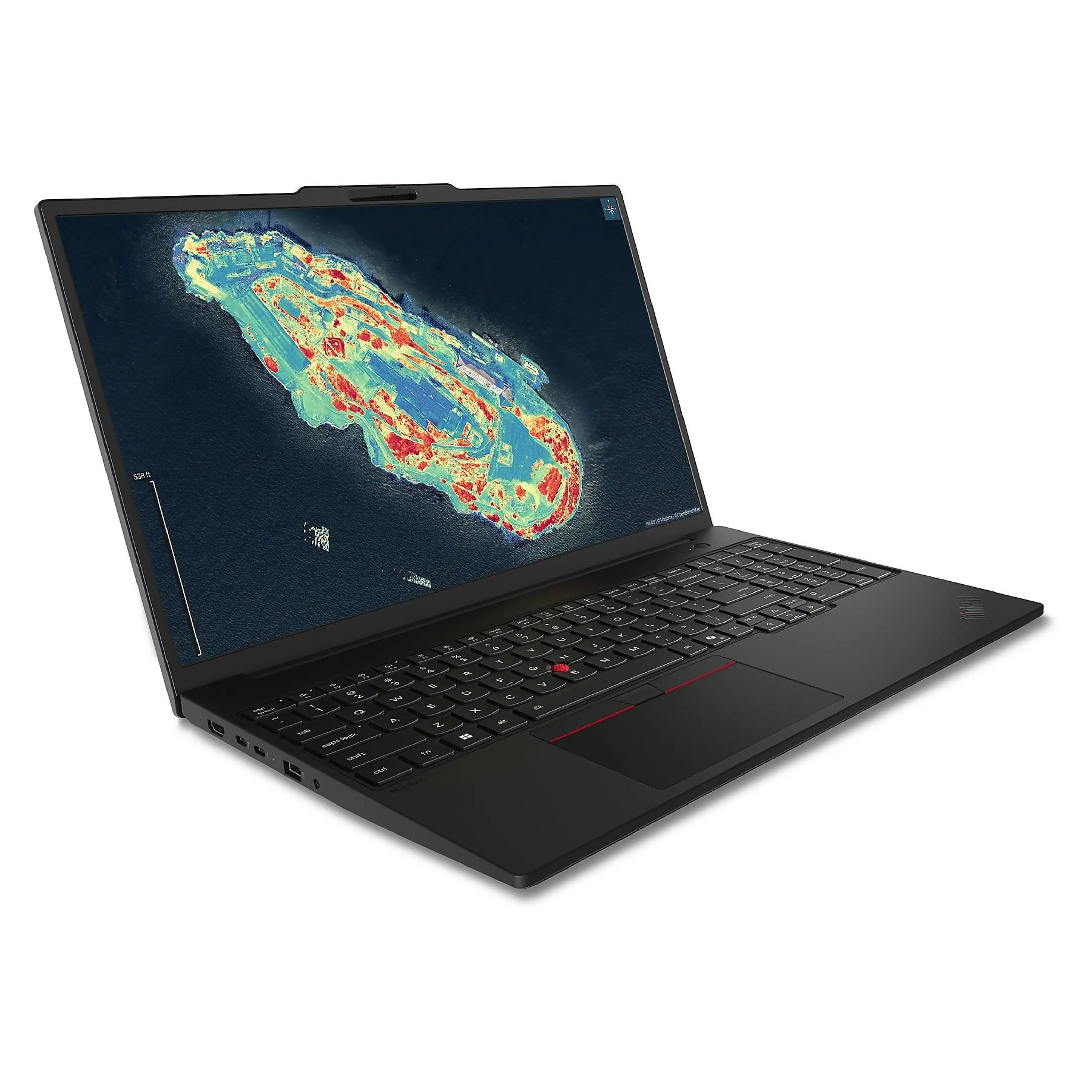 Laptop nero mostra una mappa termica di un'isola con edifici.