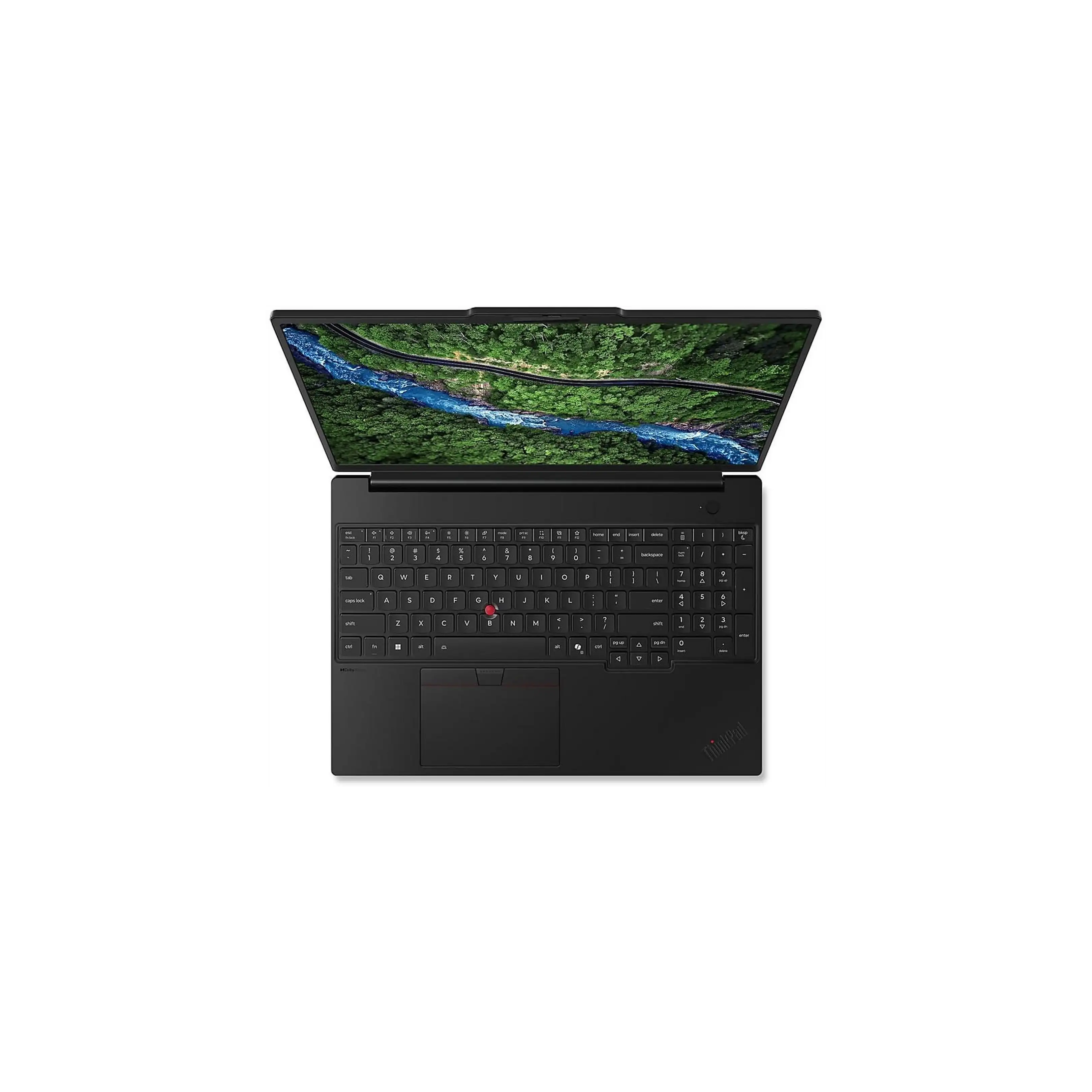Un laptop nero aperto mostra un'immagine di fiume e foresta sul suo schermo.