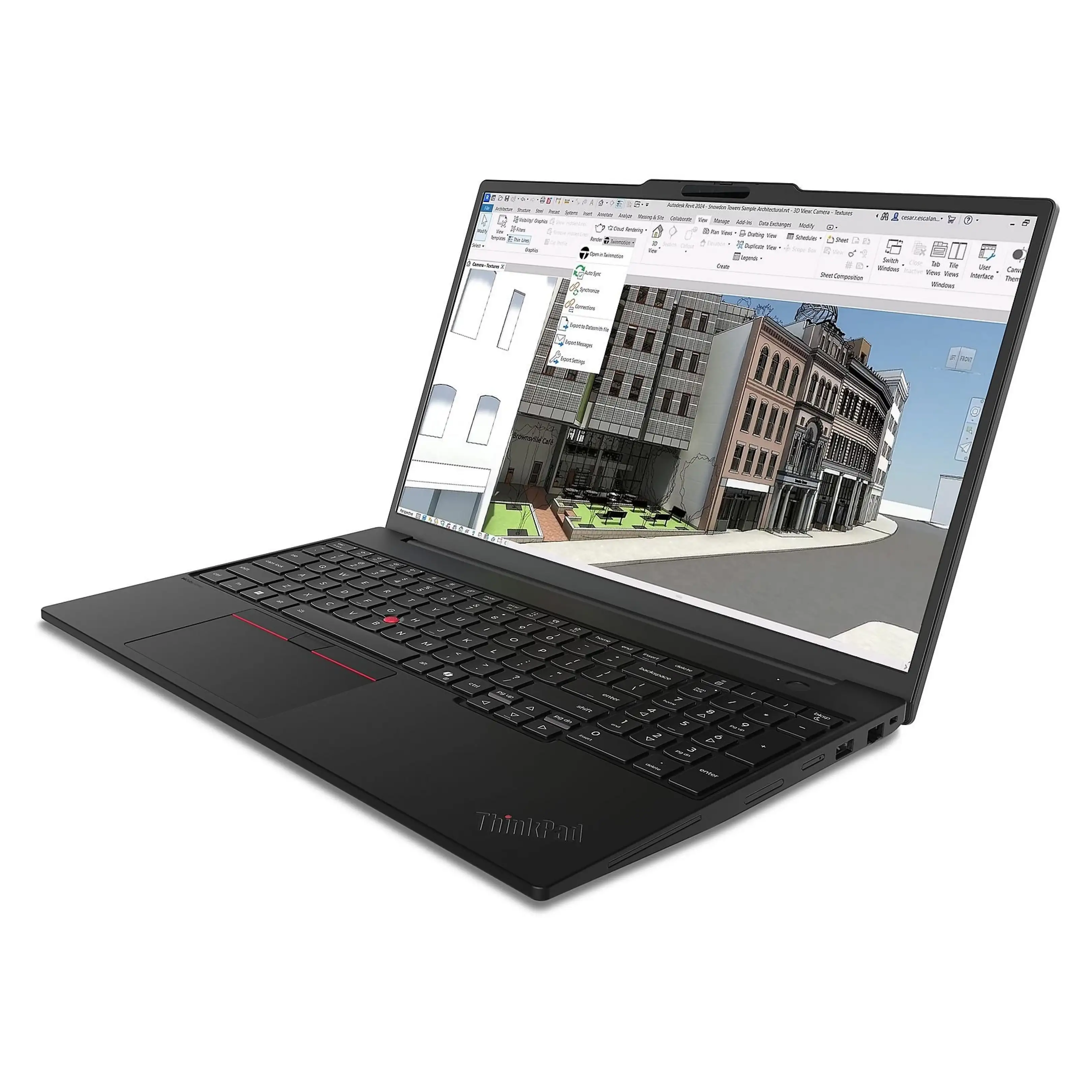 Un laptop nero che mostra un progetto architettonico 3D sullo schermo.