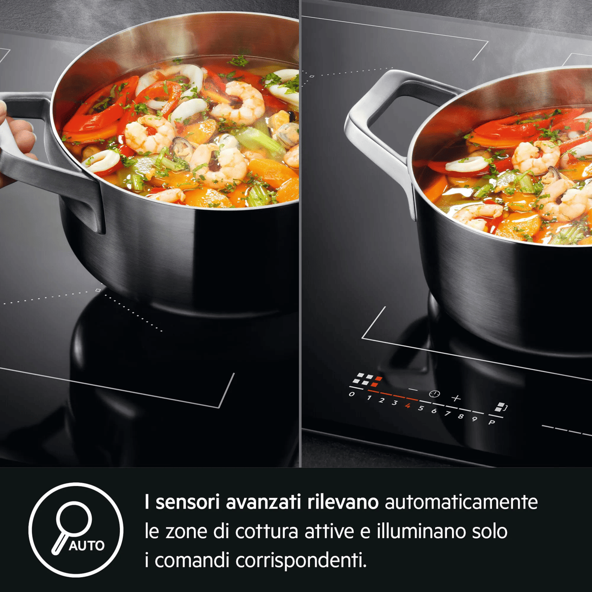 Una olla de camarones y verduras en una placa de inducción con controles.