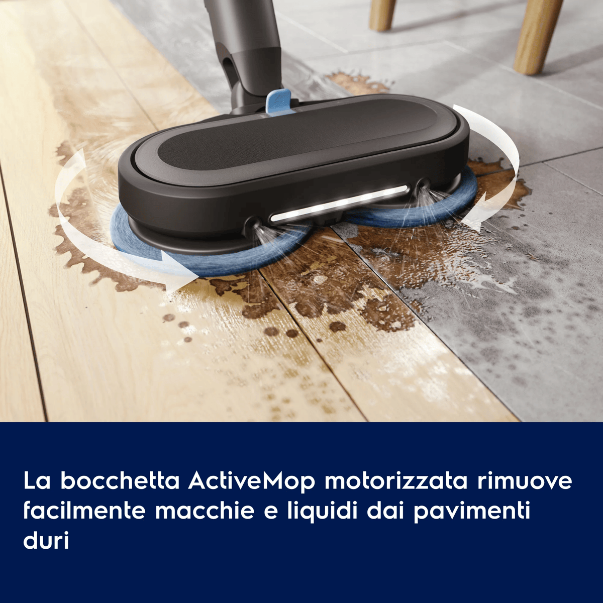 La bocchetta ActiveMop motorizzata rimuove macchie e liquidi dai pavimenti duri.