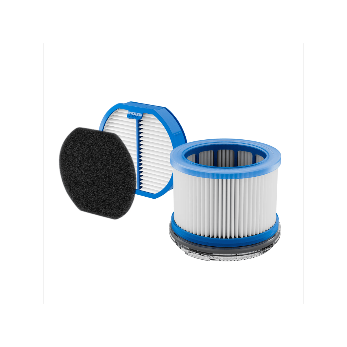 Un filtro per aspirapolvere blu con carta bianca e un prefiltro in schiuma nera.