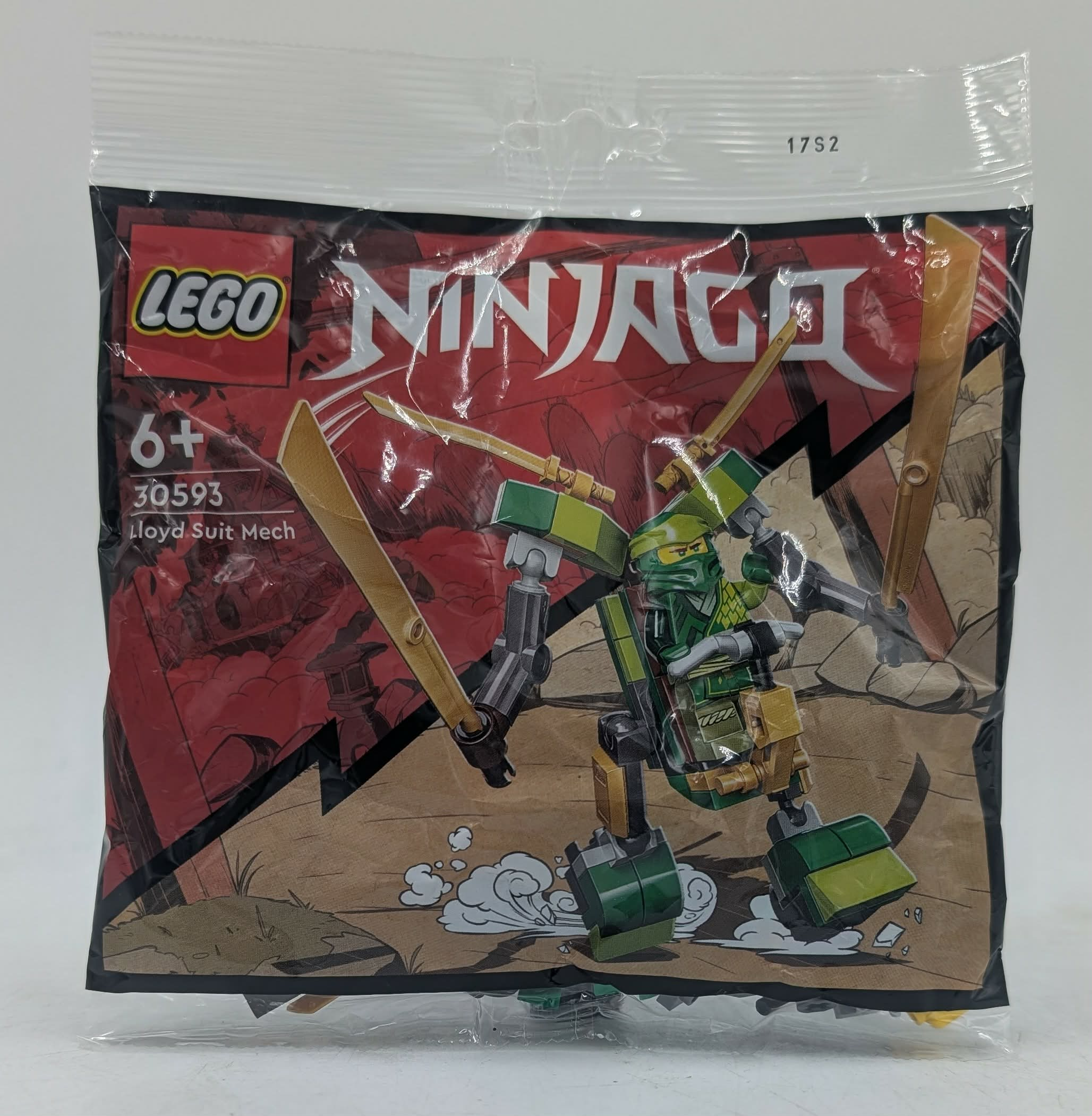 Lego Ninjago Lloyd Mech poşette, yeşil ve altın parçalı.