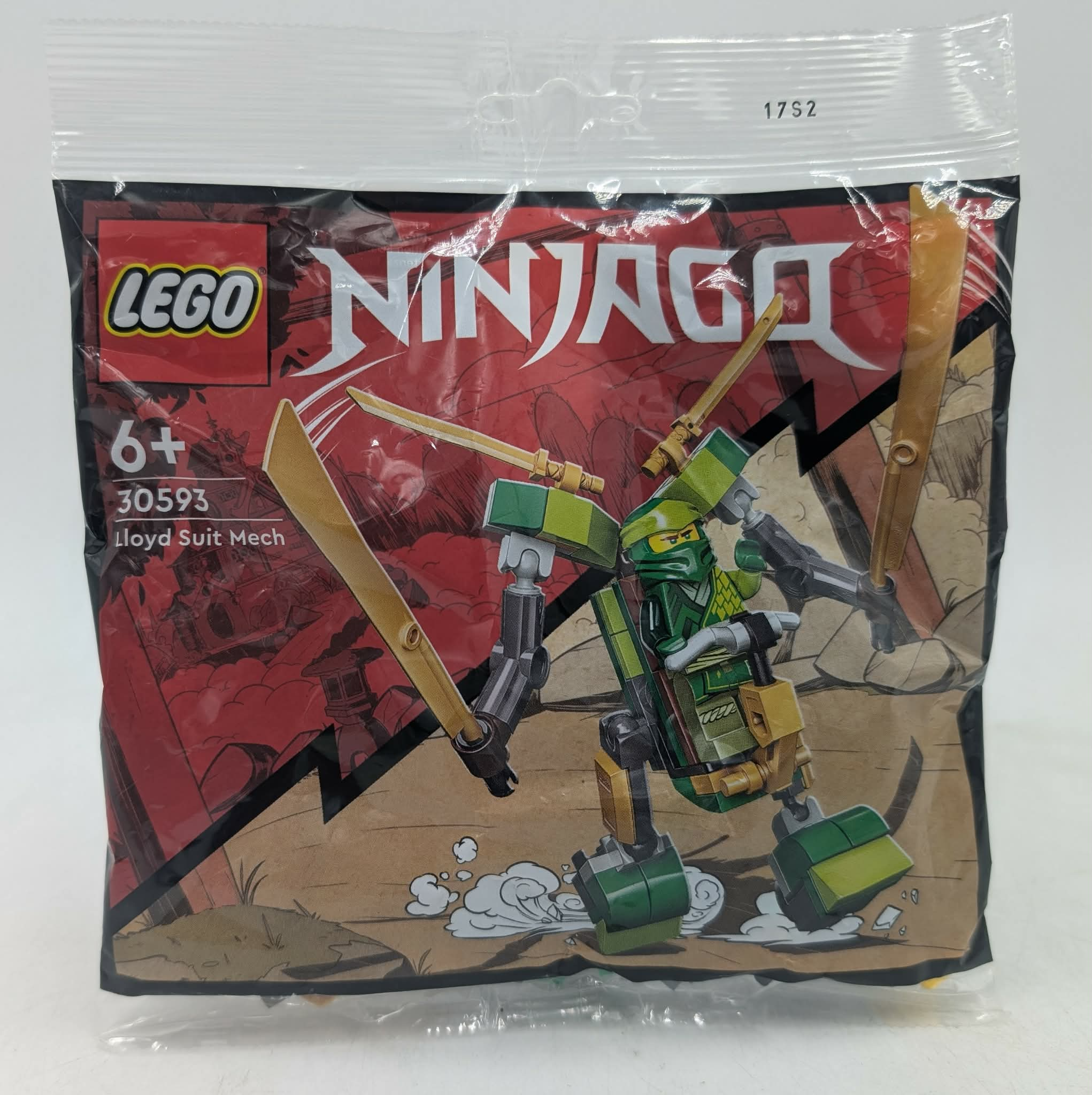 Yeşil ve altın figürlü Lego Ninjago Lloyd Suit Mech poşeti.