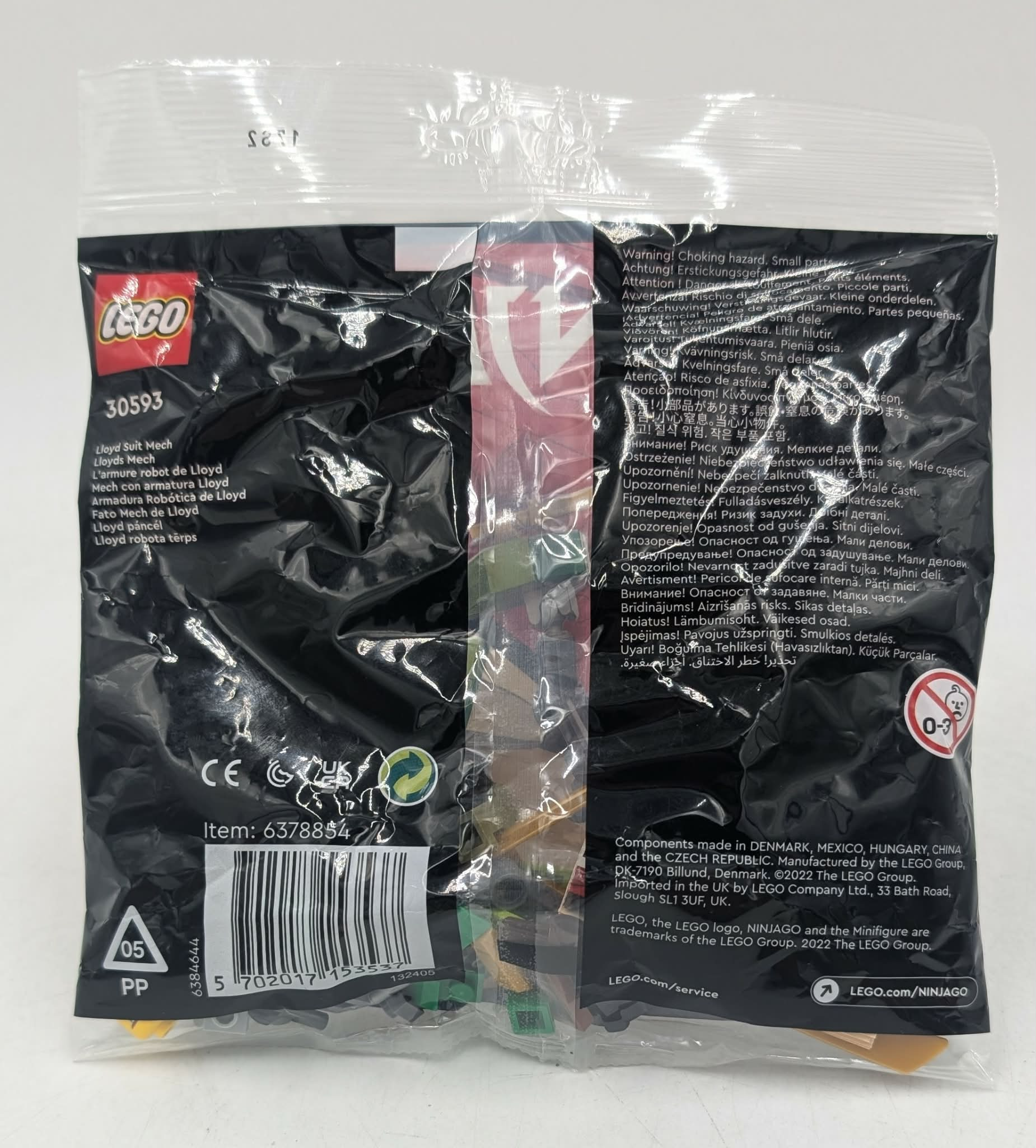 LEGO 30593 Lloyd's Mech seti, uyarılarla birlikte siyah ambalajda.