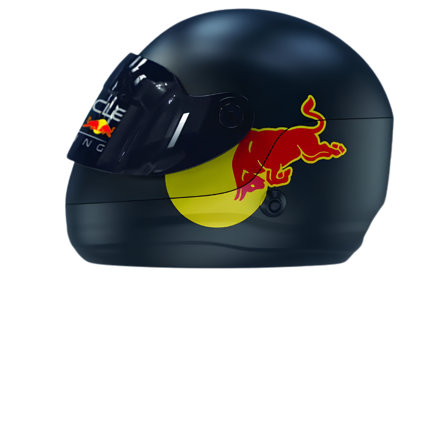 Kırmızı boğa logosu ve sarı daireli siyah kask.
