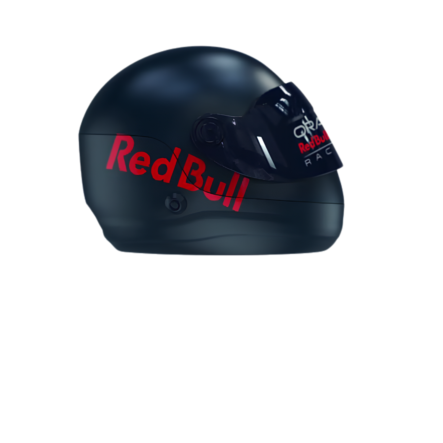 Kırmızı Red Bull Racing logosu ve siperliği olan lacivert kask.