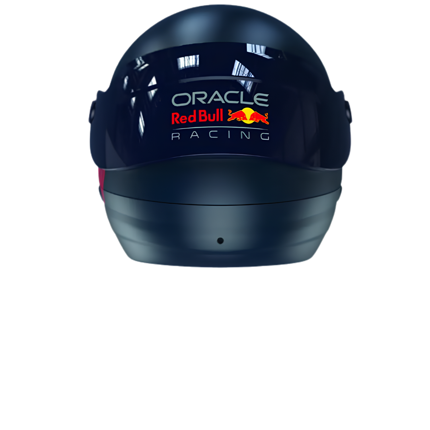 ORACLE Red Bull RACING logosu olan lacivert yarış kaskı. Siyah arka plan.