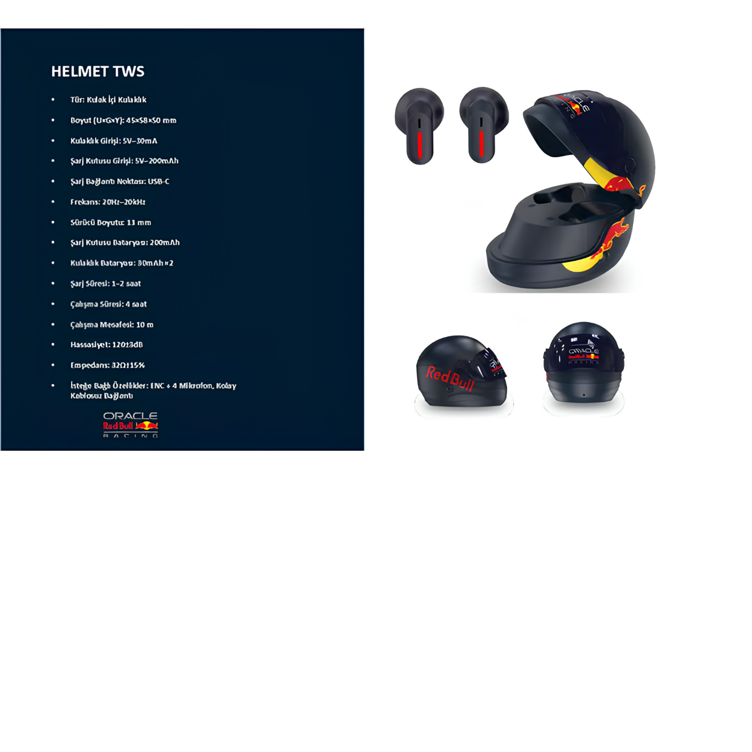 Red Bull logolu siyah kablosuz kulaklıklar, açık şarj kutusu ve ayrı kulaklıklarla gösteriliyor.