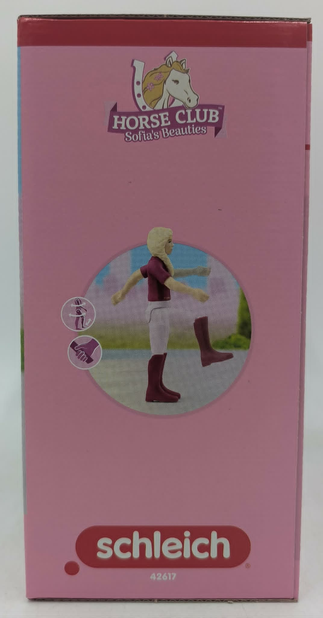 Scatola rosa con logo Horse Club Sofia's Beauties e figura di cavaliere.