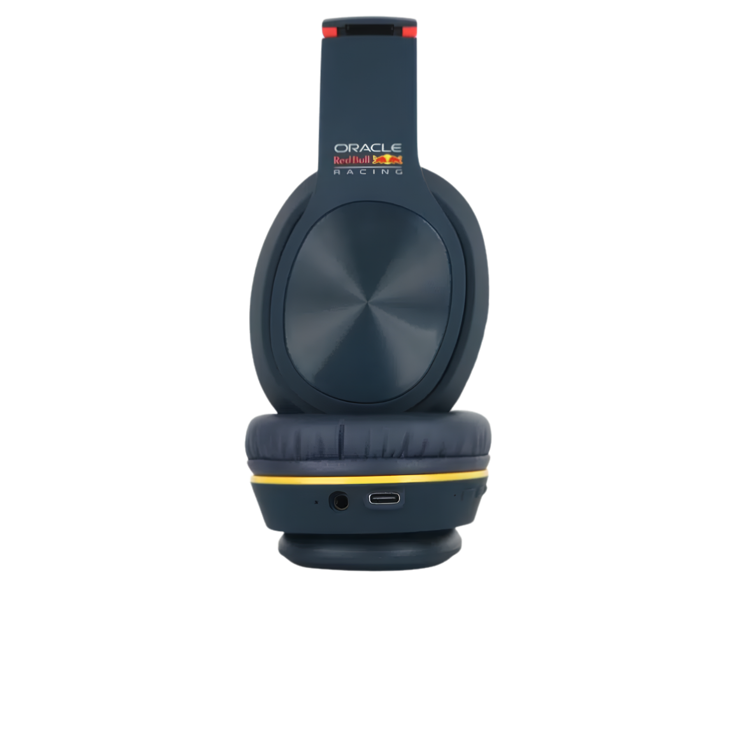 Önden görülen, sarı detaylı ve şarj bağlantı noktası olan koyu mavi Oracle Red Bull Racing kulaklık.