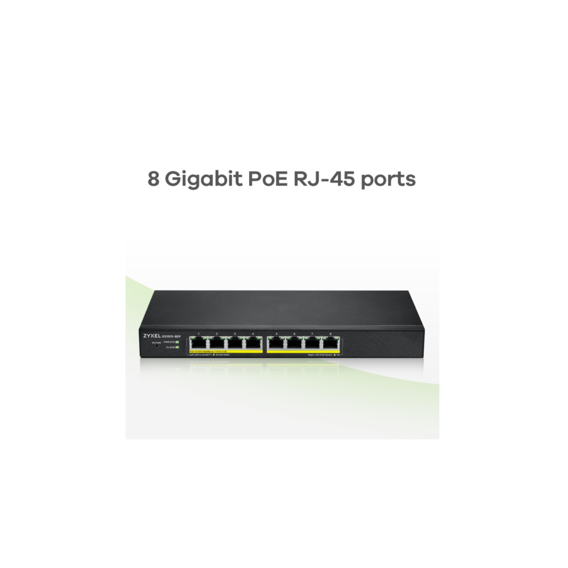 Uno switch di rete nero con 8 porte Gigabit PoE RJ-45.