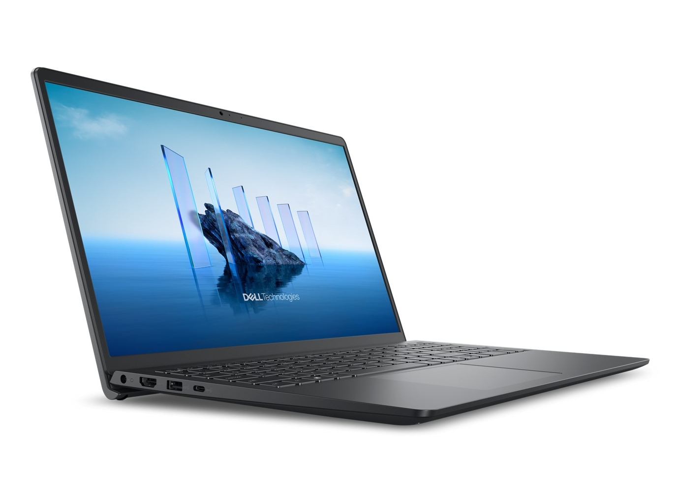Un laptop Dell scuro visualizza un'immagine astratta sullo schermo.