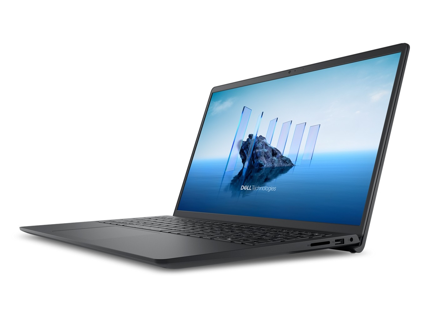 Un laptop Dell nero aperto mostra uno sfondo astratto sullo schermo.