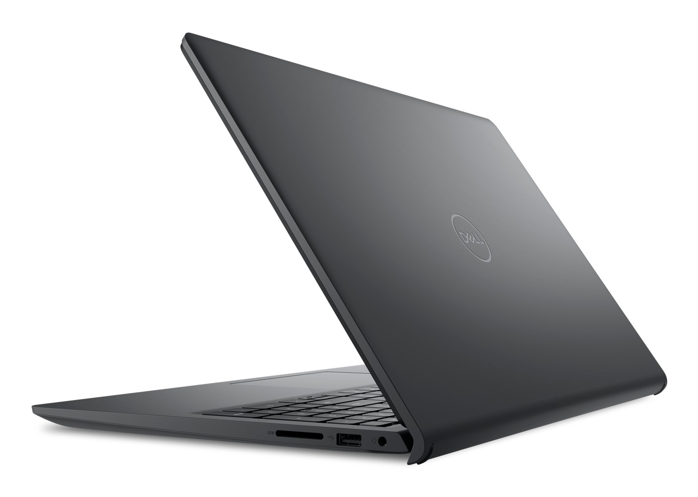 Laptop Dell grigio scuro, aperto, con tastiera e porte.