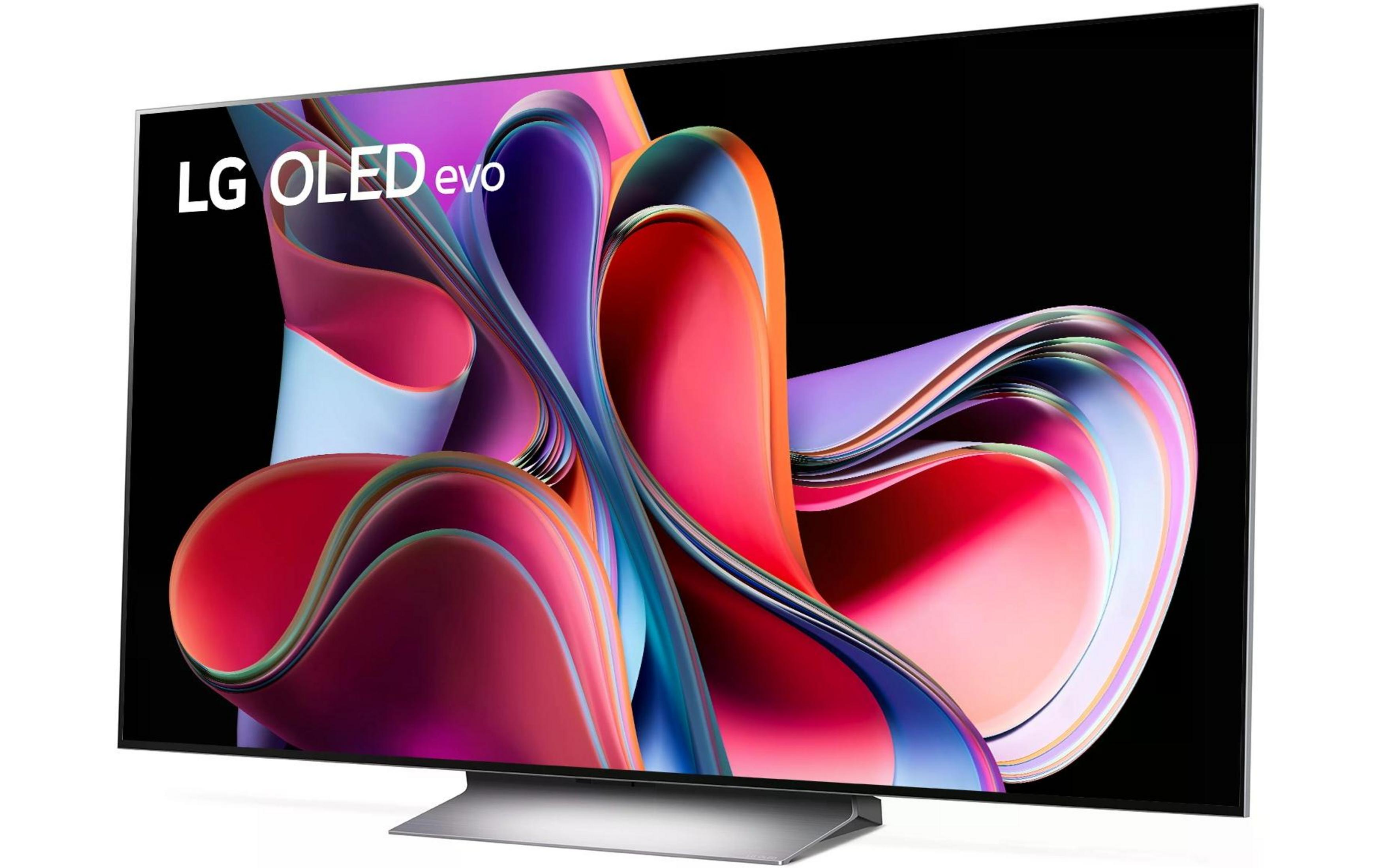 Un televisor LG OLED evo que muestra un fondo abstracto dinámico y colorido.