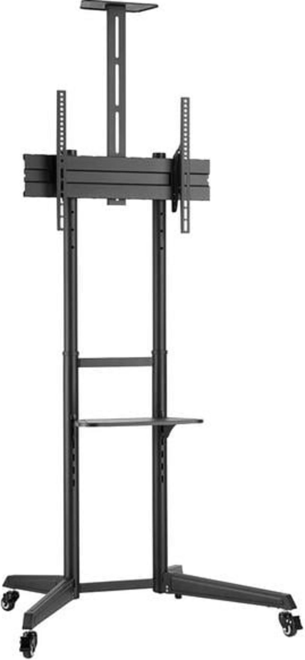 Supporto TV mobile nero con ruote, supporto regolabile e mensola.