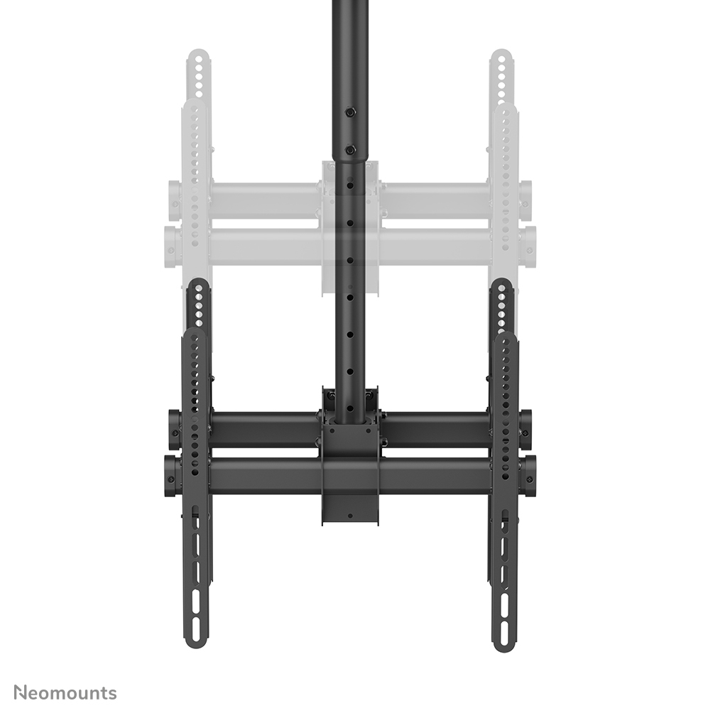 Supporto TV da soffitto nero con bracci regolabili, su sfondo bianco.