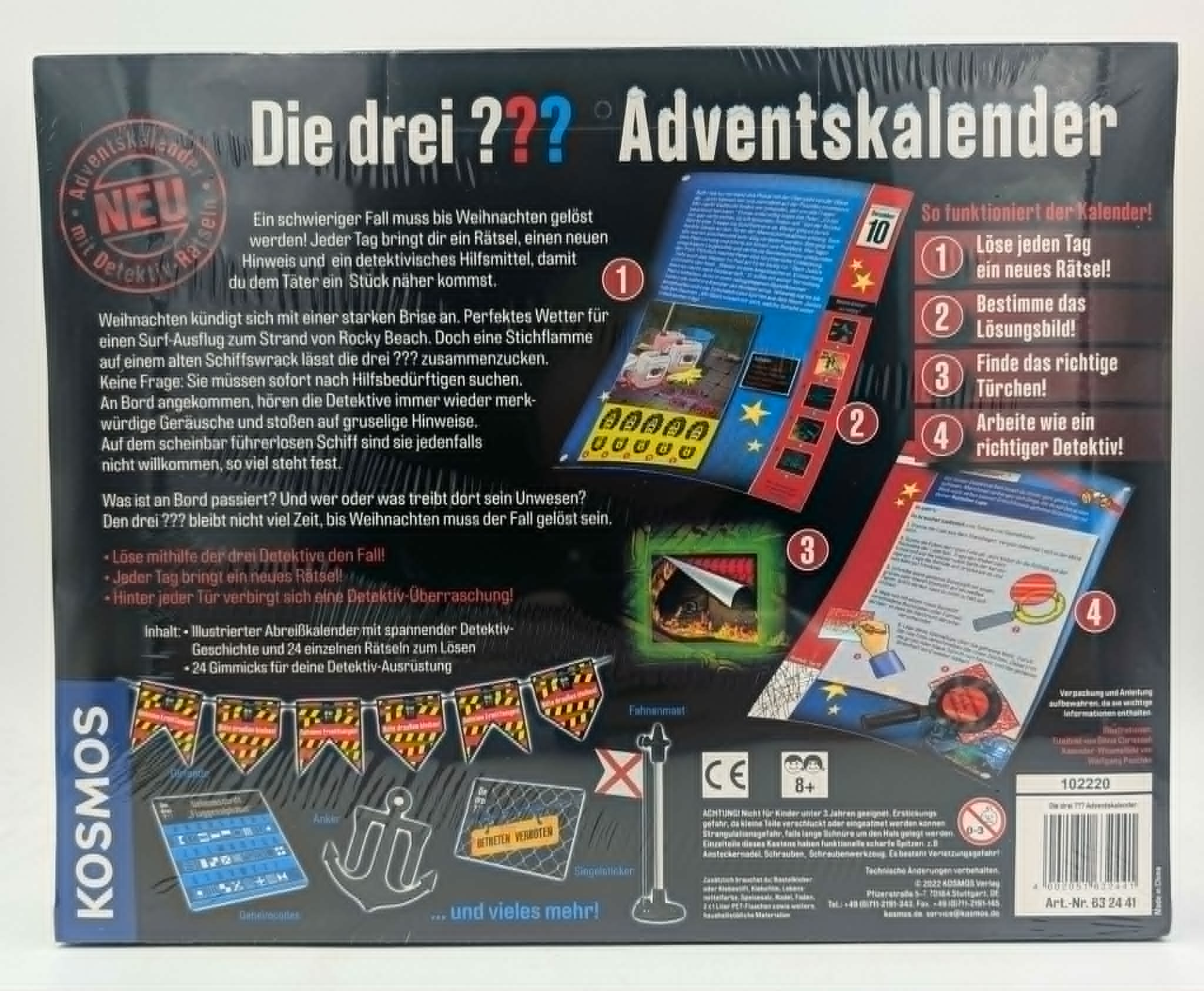 Adventskalender: 'Die drei ???' mit Detektiv-Rätseln, Spielanleitung und Zubehör.