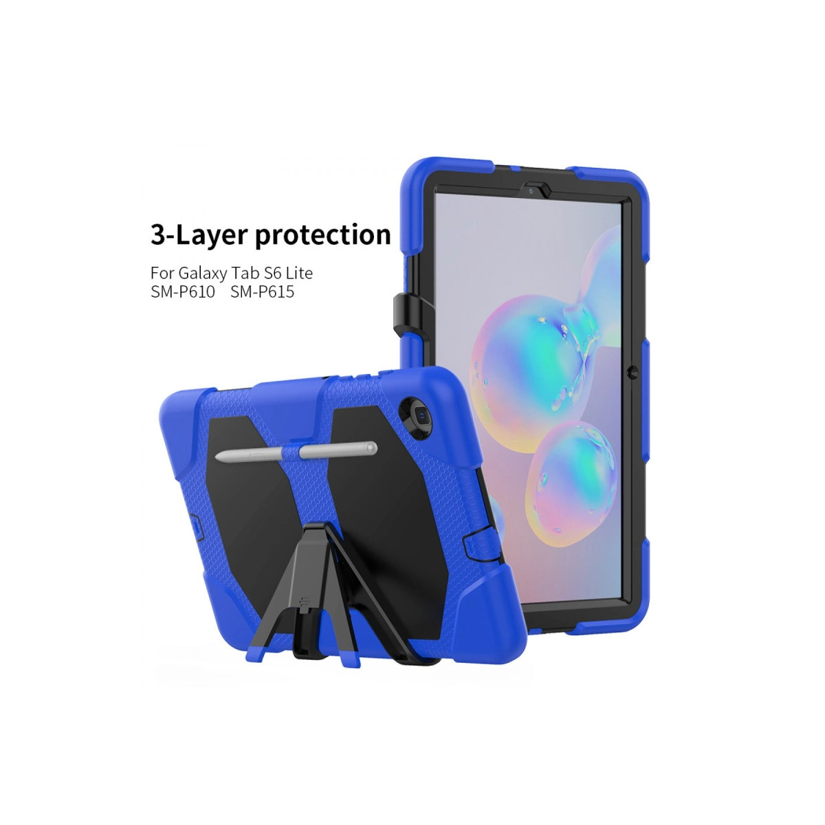 Standlı ve kalemli mavi tablet koruyucu kılıf. Arkada başka bir tablet.