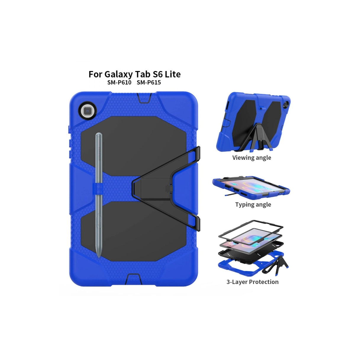 Galaxy Tab S6 Lite için mavi tablet kılıfı, kalem tutucu ve stantlı.