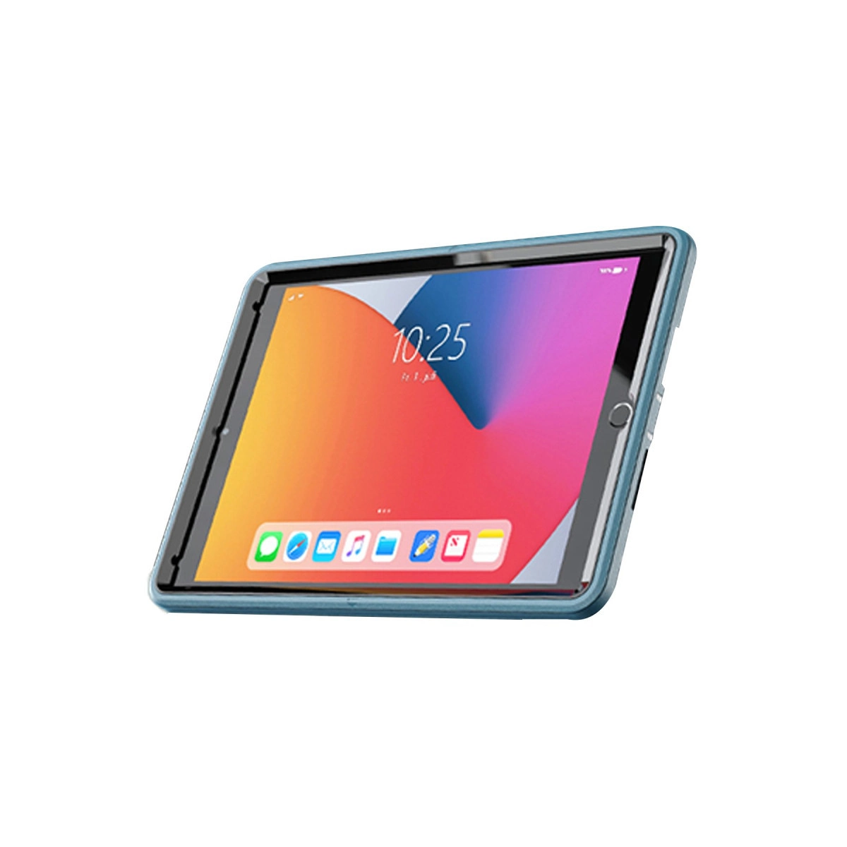 Mavi kılıflı tablet, saat 10:25'i gösteren ana ekranı görüntüler.