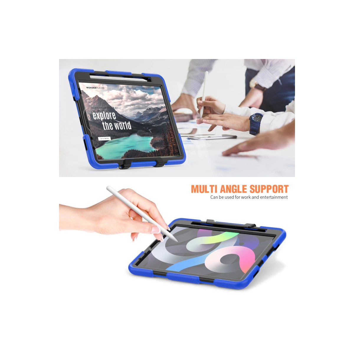 Ekranında dağ manzarası gösteren mavi bir tablet ve kalem.