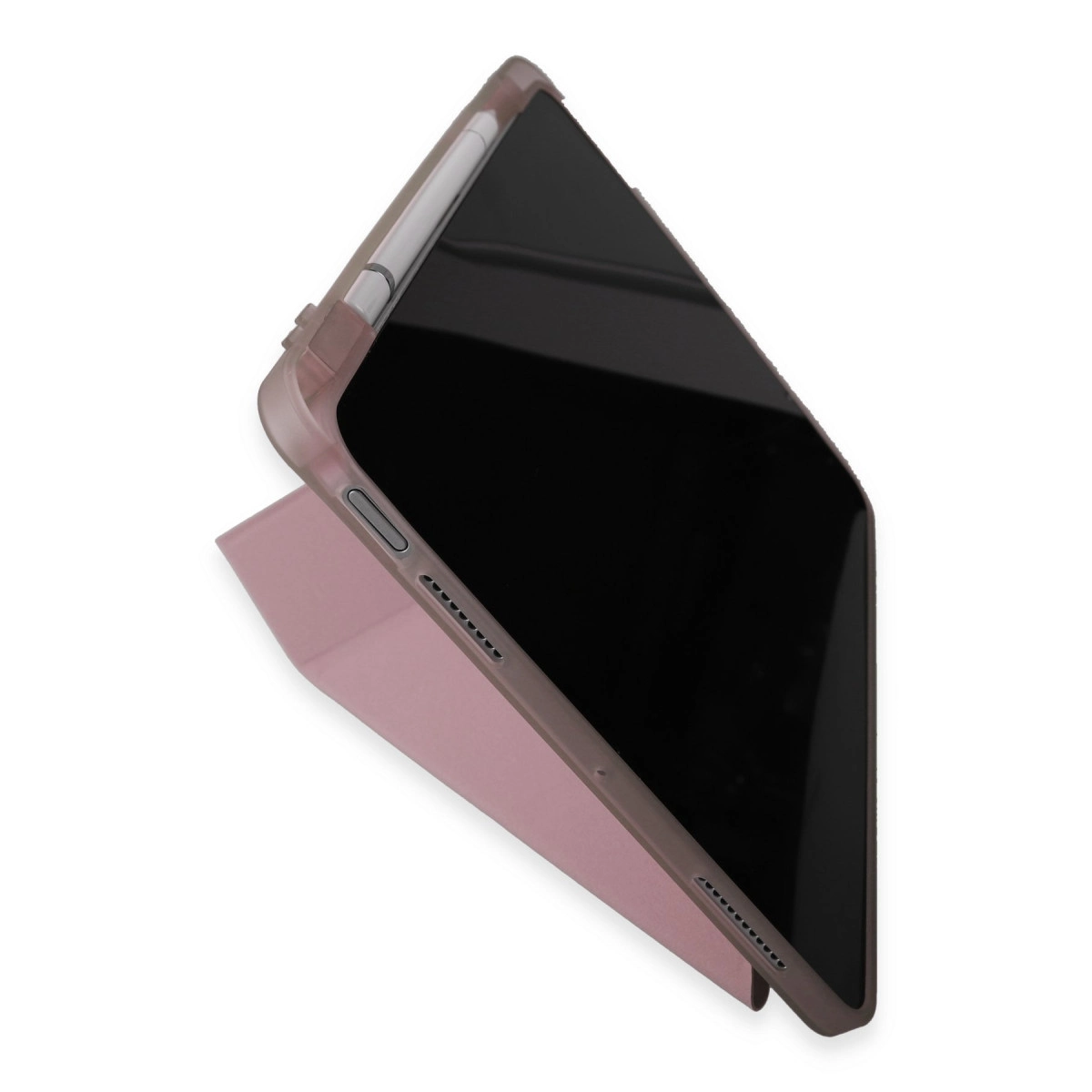 Pembe tablet, kalem tutuculu stantta, yatay konumda beyaz zeminde.