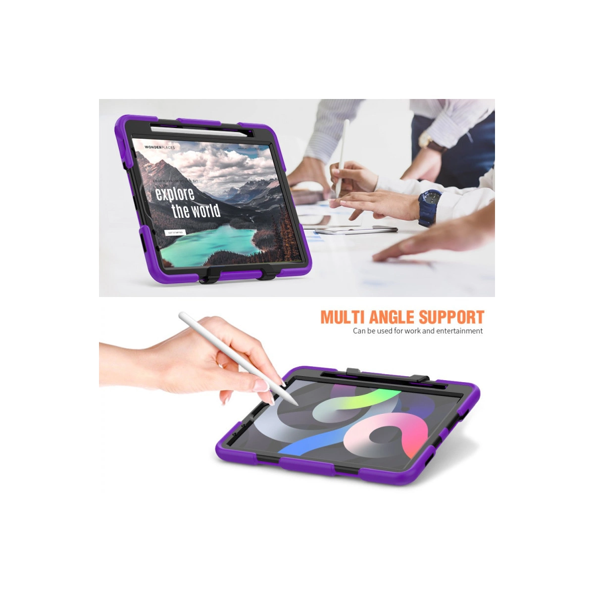 Ekrandaki kalemle mor tablet kılıfı. Çok açılı destek metni.