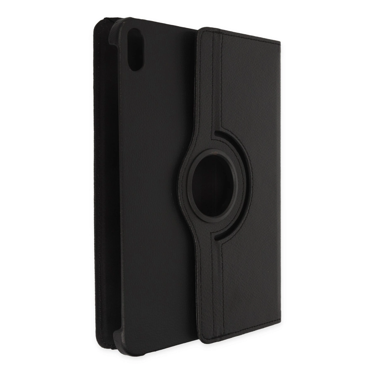 Dönebilen halkalı tutuculu siyah tablet kılıfı, beyaz arka plan üzerinde.