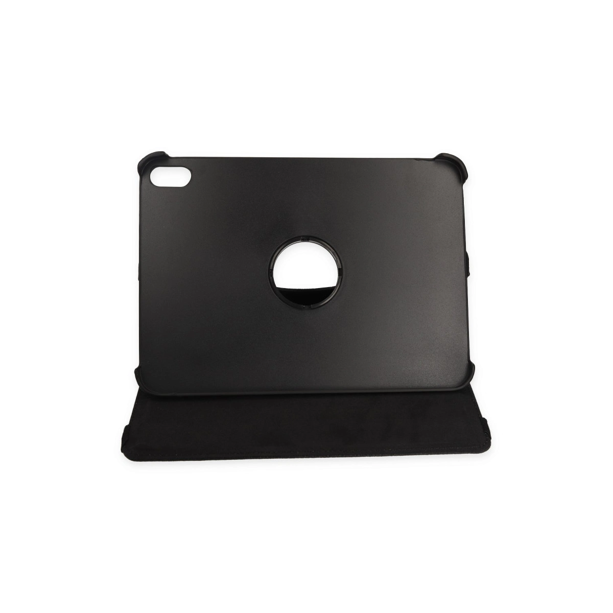 Arkada dairesel kesiği ve katlanmış kapağı olan siyah tablet kılıfı.