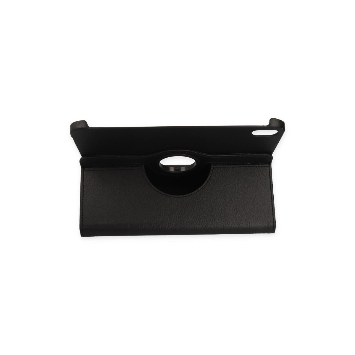 Oval kesimli ve kulplu siyah tablet kılıfı.
