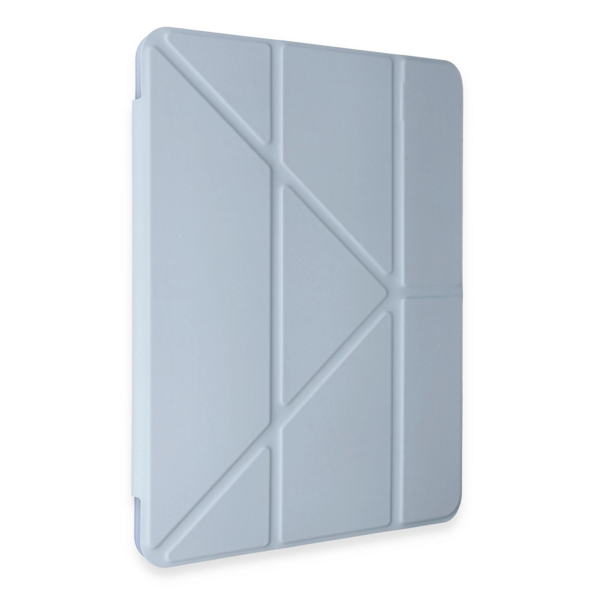 Beyaz zeminde duran, geometrik desenli açık mavi tablet kılıfı.