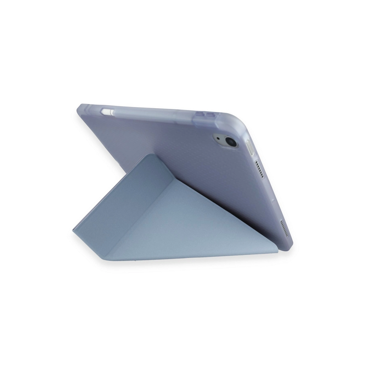 Açık mavi kılıflı mor tablet beyaz zeminde duruyor.