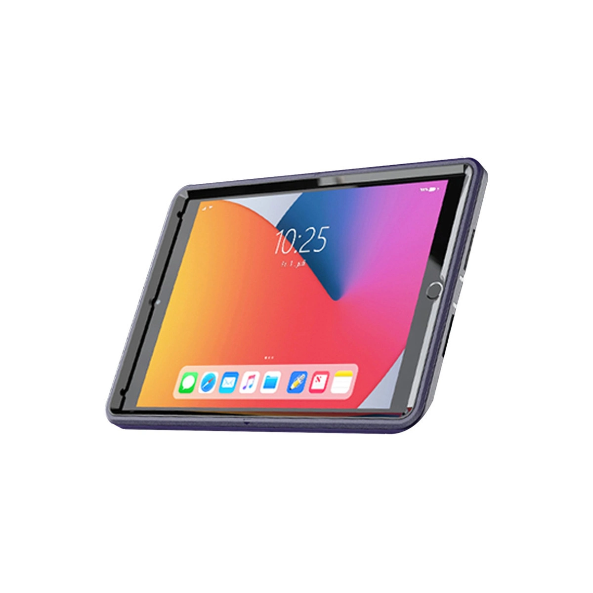 Renkli duvar kağıdı ve uygulama simgeleri gösteren gümüş tablet.