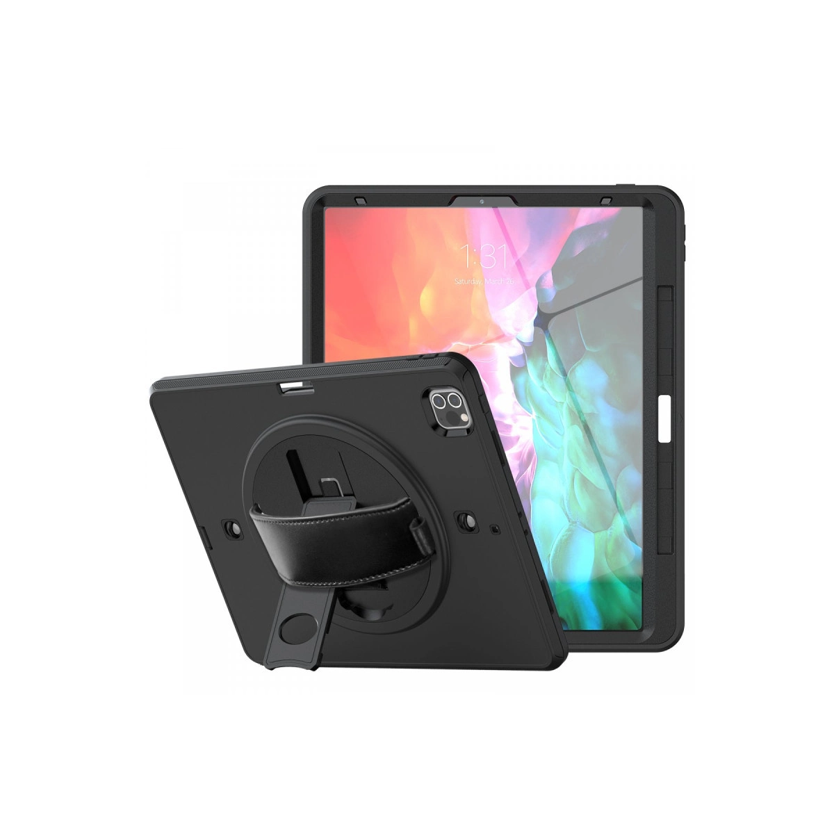 Standlı siyah bir iPad kılıfı gösterilmektedir. iPad ekranında saat ve tarih görüntülenir.