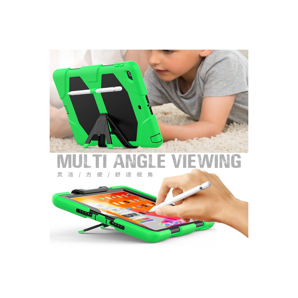 Yeşil tablet kılıfı, stant ve kalem ile. Arkada çocuk.