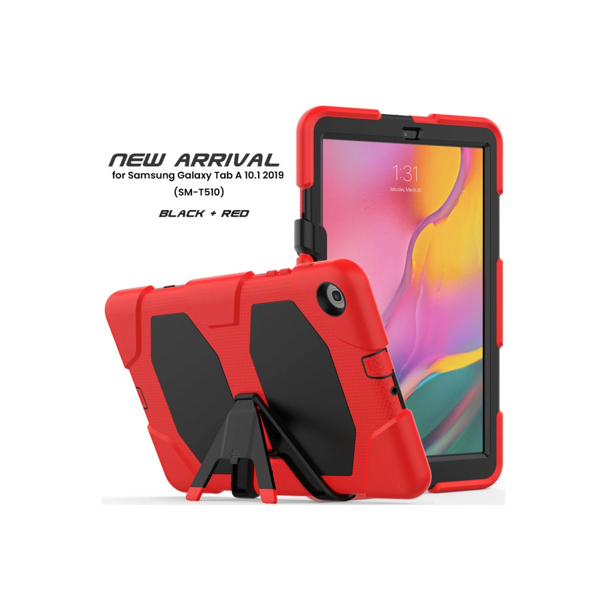 Samsung Tab A 10.1 2019 için kırmızı ve siyah kılıf, stantlı.