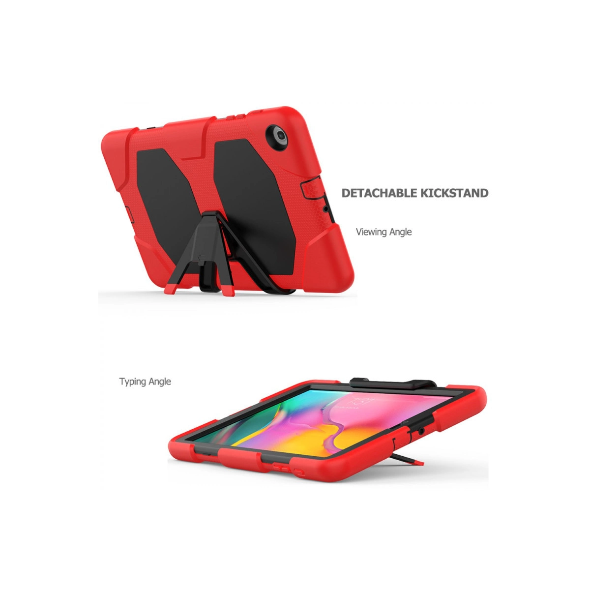 Kırmızı tablet kılıfı, görüntüleme ve yazma modlarında çıkarılabilir stantlı.