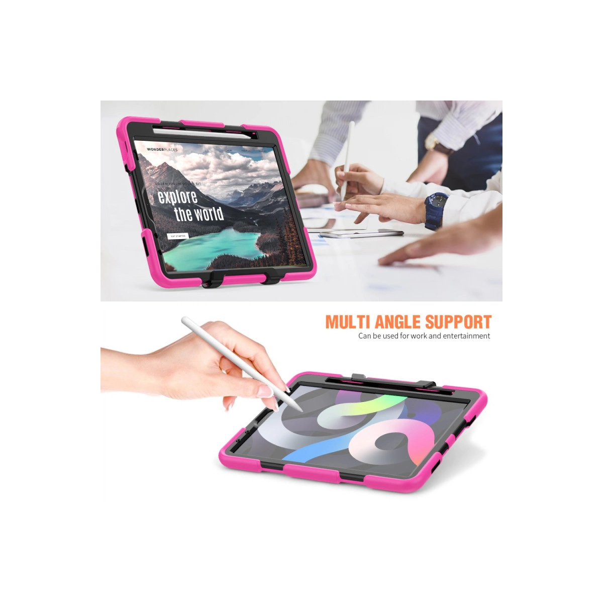 Dağ manzarası gösteren bir tableti tutan pembe tablet standı.